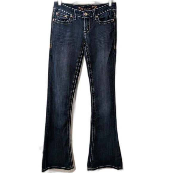 RARE Vintage Seven7 Crystal Embellished TULIP Flare Low Rise Topstitch Jeans 28 - Picture 8 of 9